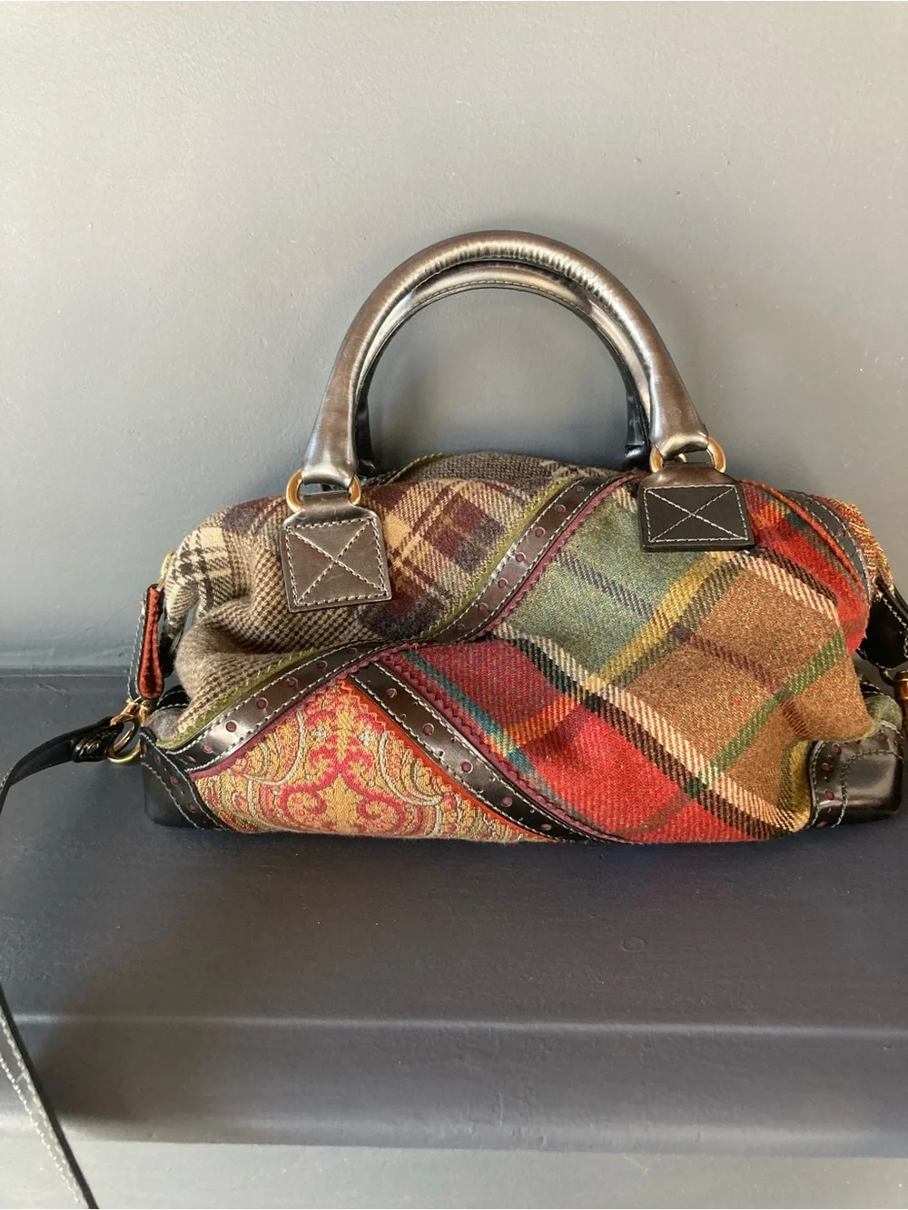 Etro Multicolor Plaid & Paisley Satchel Handbag